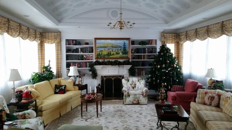 Cozy living room decorated for Christmas with bookshelves, fireplace, and sofas.