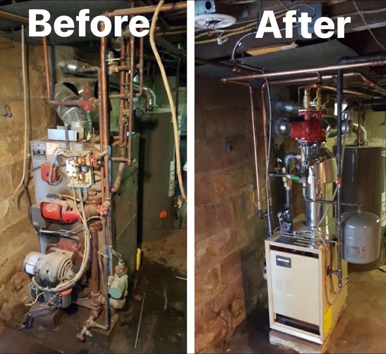 A before and after picture of a boiler in a basement.