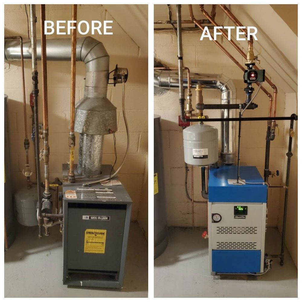 A before and after picture of a boiler in a basement