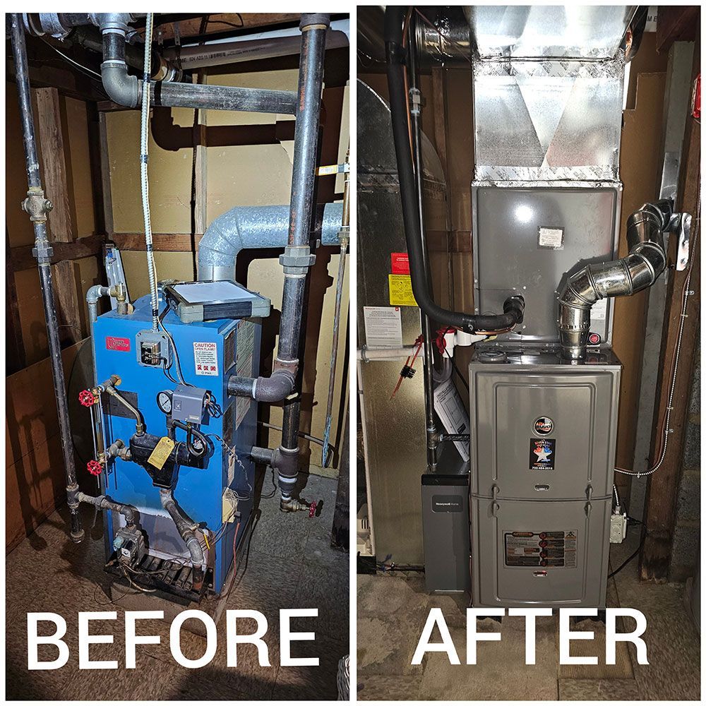 A before and after picture of a furnace in a house