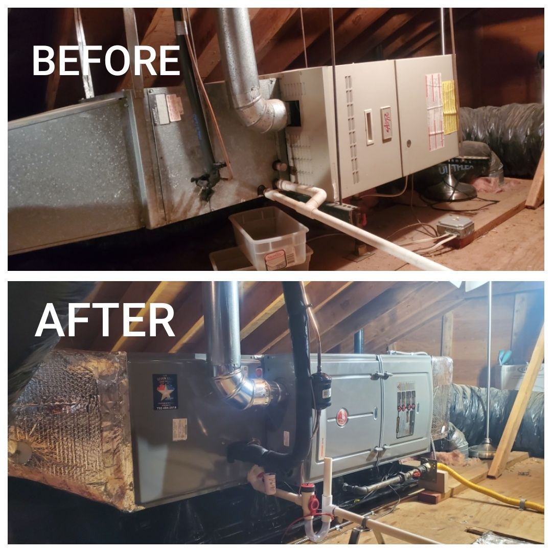 A before and after picture of an air conditioner in an attic.