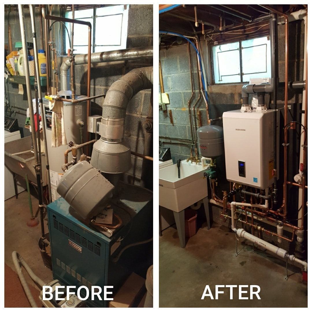 A before and after picture of a boiler in a basement.