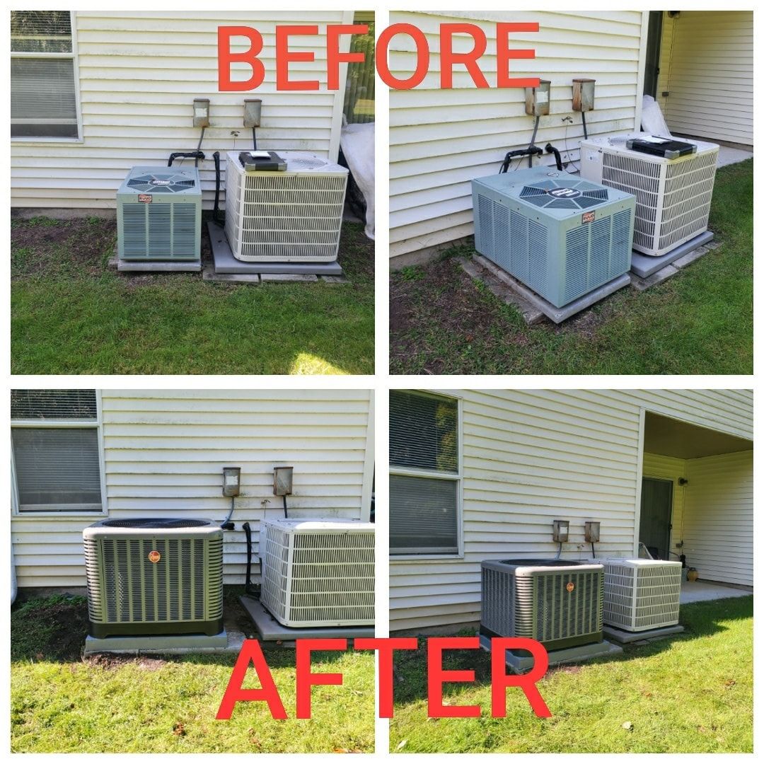 A before and after picture of an air conditioner on the side of a house.