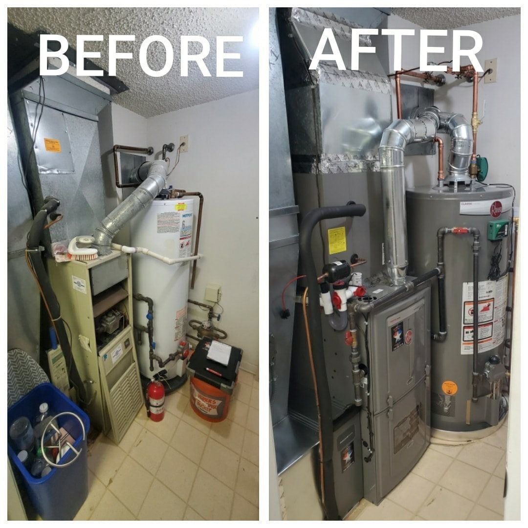 A before and after picture of a home heating system.