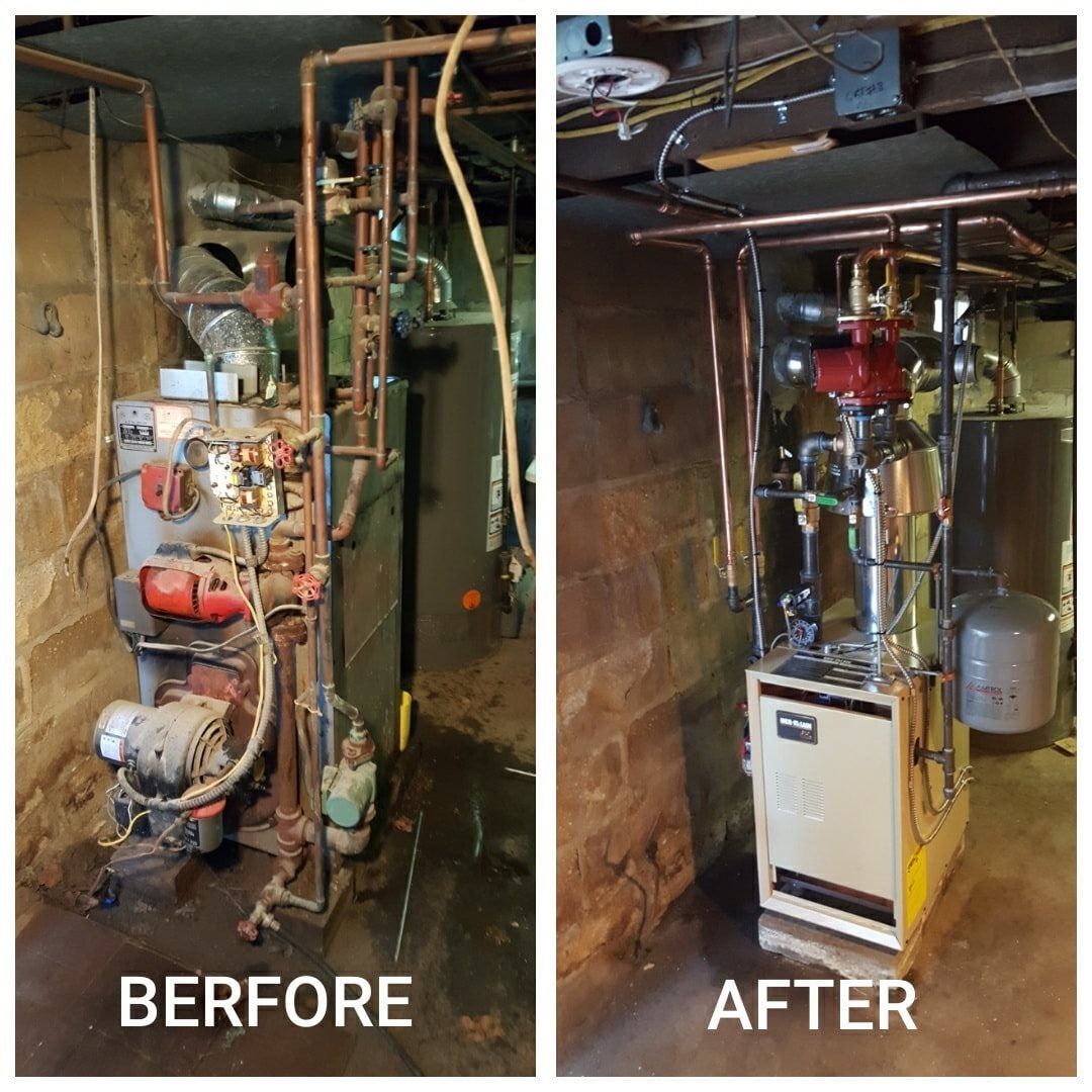 A before and after picture of a boiler in a basement.