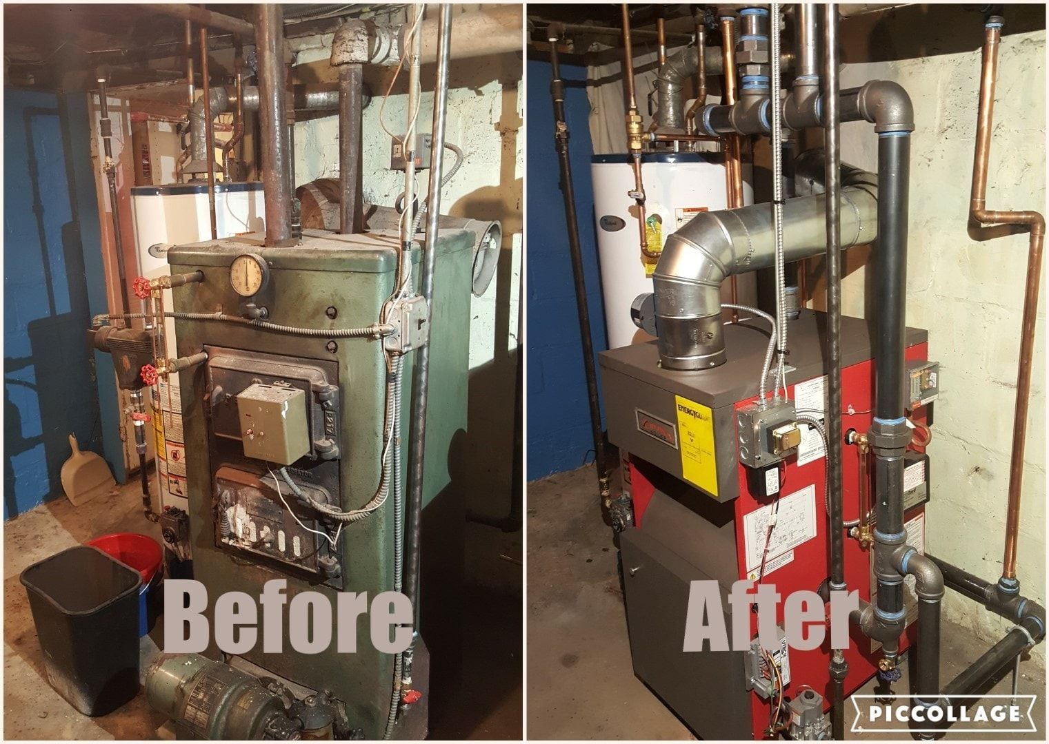 A before and after picture of a boiler in a basement.