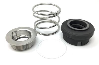 Mechanical seal components on white background: spring, metal ring, rubber seal, and gasket.