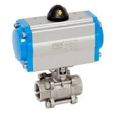 Pneumatic actuator mounted on a stainless steel ball valve, silver and blue industrial equipment