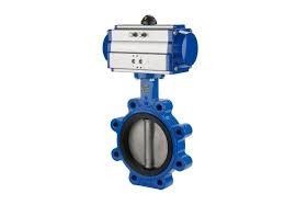Blue butterfly valve with electric actuator on top, shown against a white background