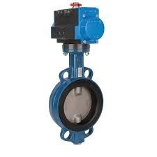 Blue industrial butterfly valve with electric actuator on white background