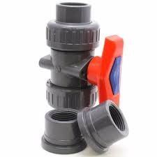 Gray PVC pipe valve with a red lever and two threaded fittings on a white background.
