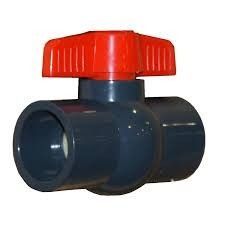Red-handled blue plastic ball valve on white background.