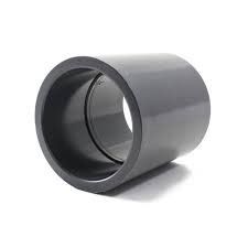 Gray PVC pipe coupling fitting on a white background.