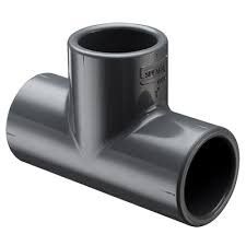 Black PVC T-fitting pipe connector on a white background.