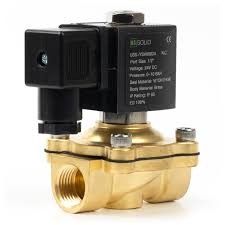Brass electric solenoid valve with black actuator, isolated on white background.