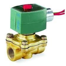 Green solenoid valve with brass body and red wires on a white background.