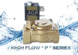 AGB High Flow P Series brass valve with water splash background.