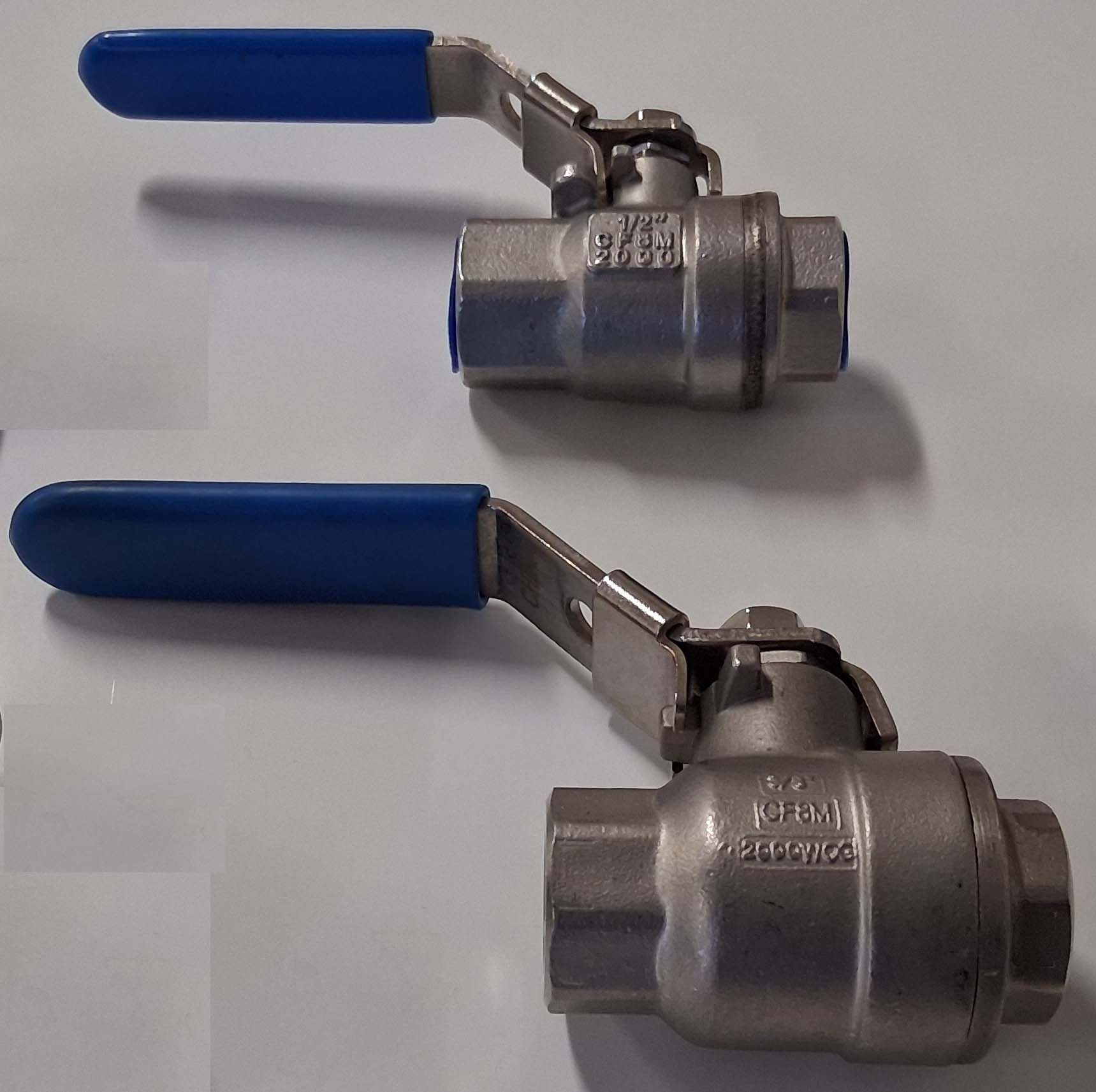 Two blue-handled metal ball valves on a white background, one smaller above one larger.