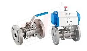 Stainless steel ball valve with blue handle, shown closed on a white background