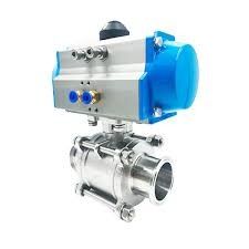 Stainless steel industrial valve with blue actuator and control box on a white background