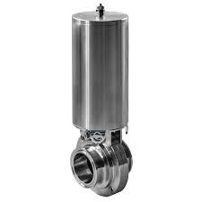 Stainless steel butterfly valve with a cylindrical actuator on top, isolated on white background