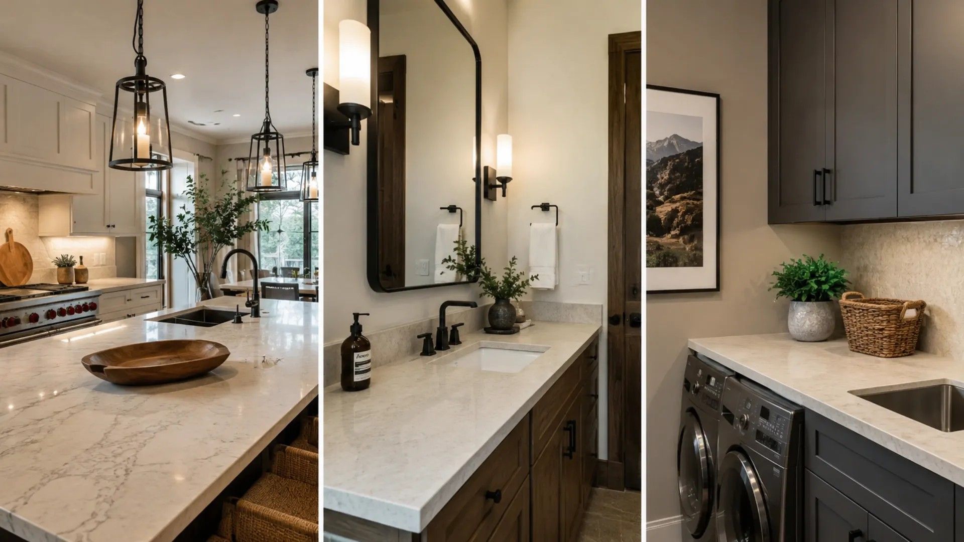 Modern kitchen with white marble island, black pendant lights, and a laundry nook with sink and woven basket