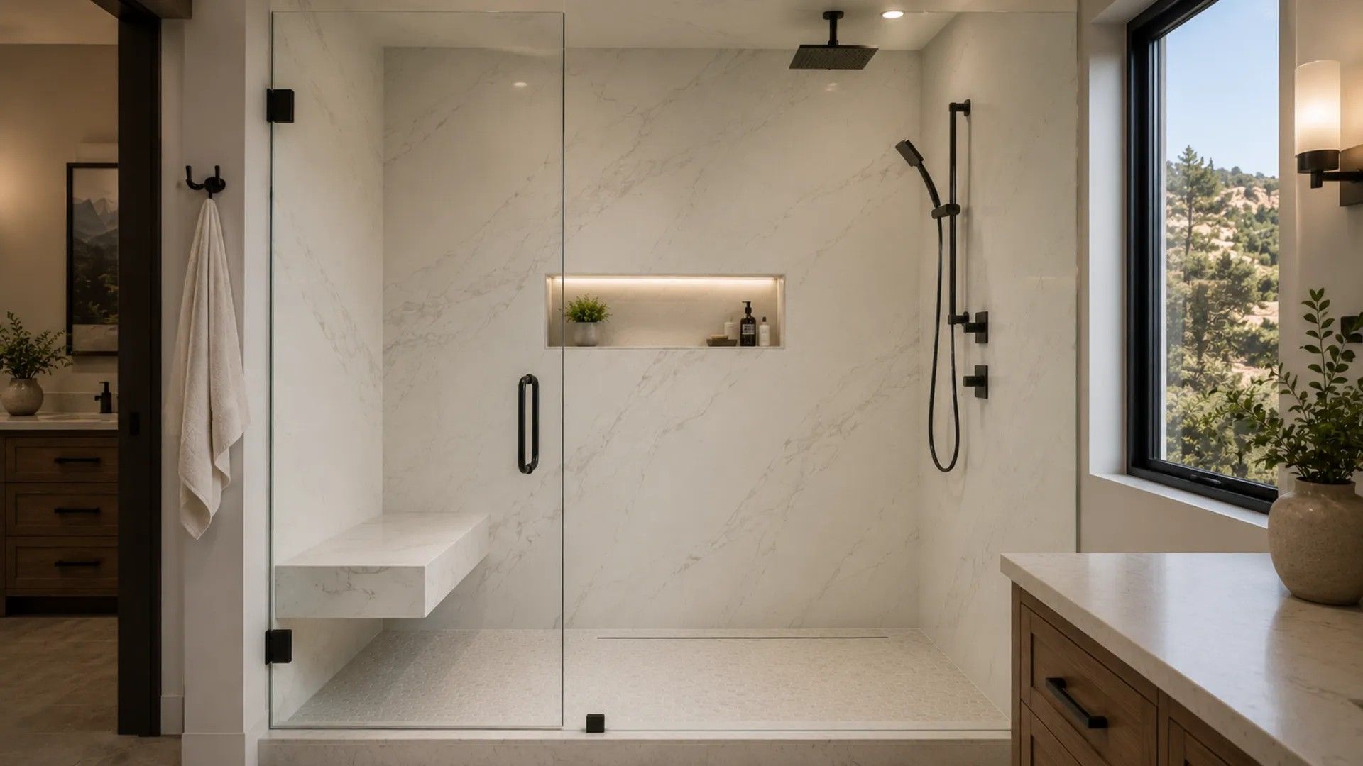 Modern marble walk-in shower with glass door, built-in bench, and window view.