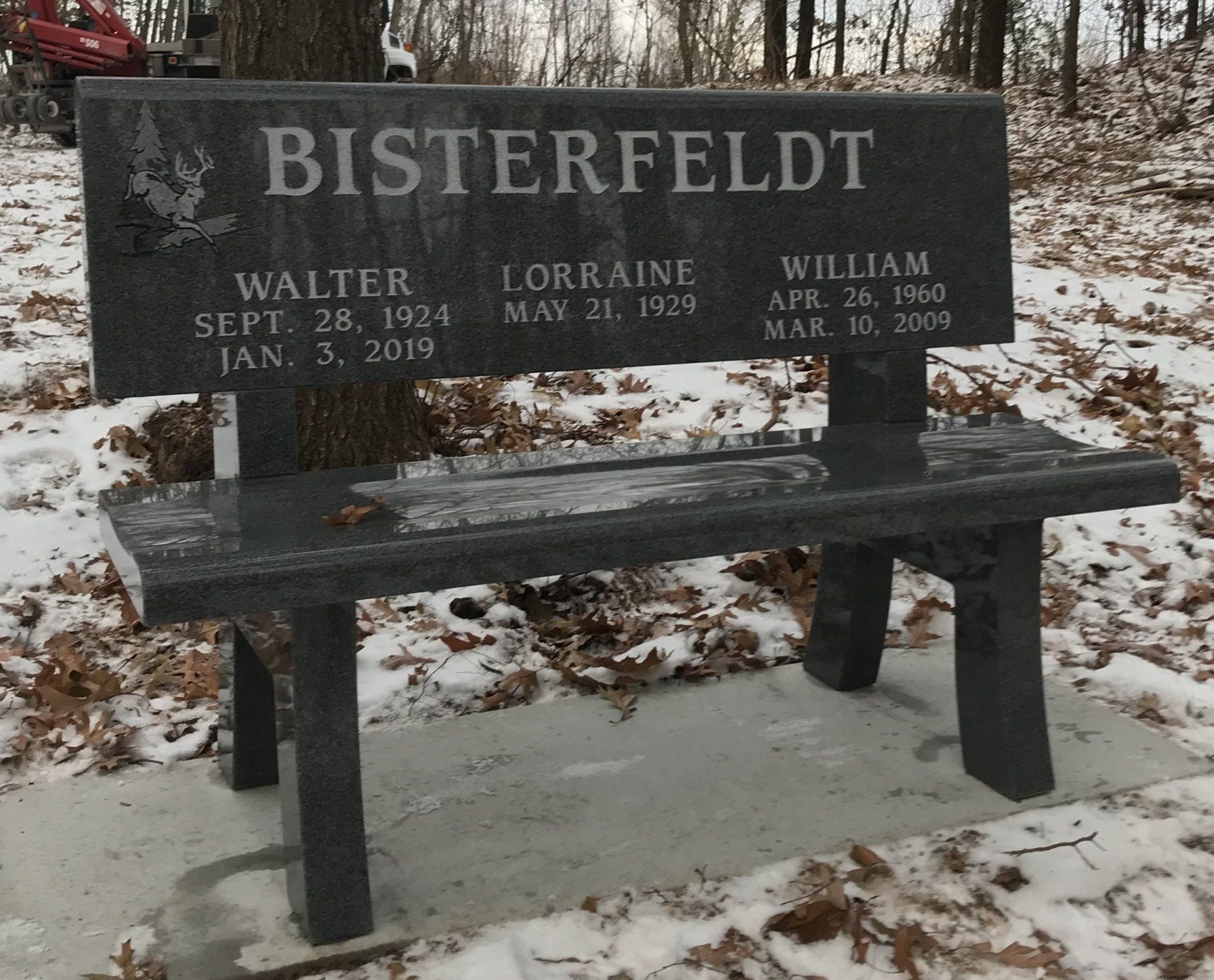 Granite bench with engraved names: Bisterfeldt, Walter, Lorraine, William; dates. Snow-covered ground.