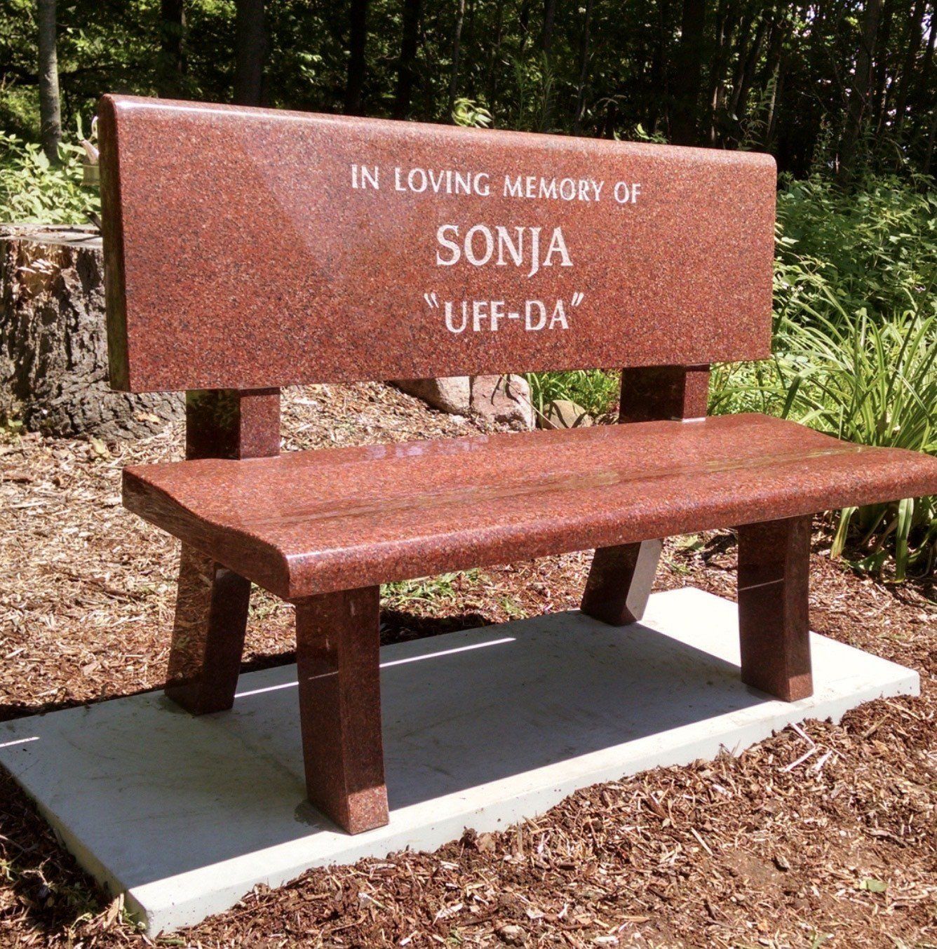 Red granite bench memorial: 