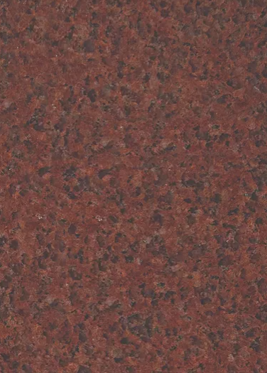 Red granite countertop with mottled dark and light patches.