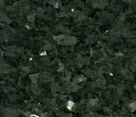 Dark green granite with large, irregular flecks and some white spots.