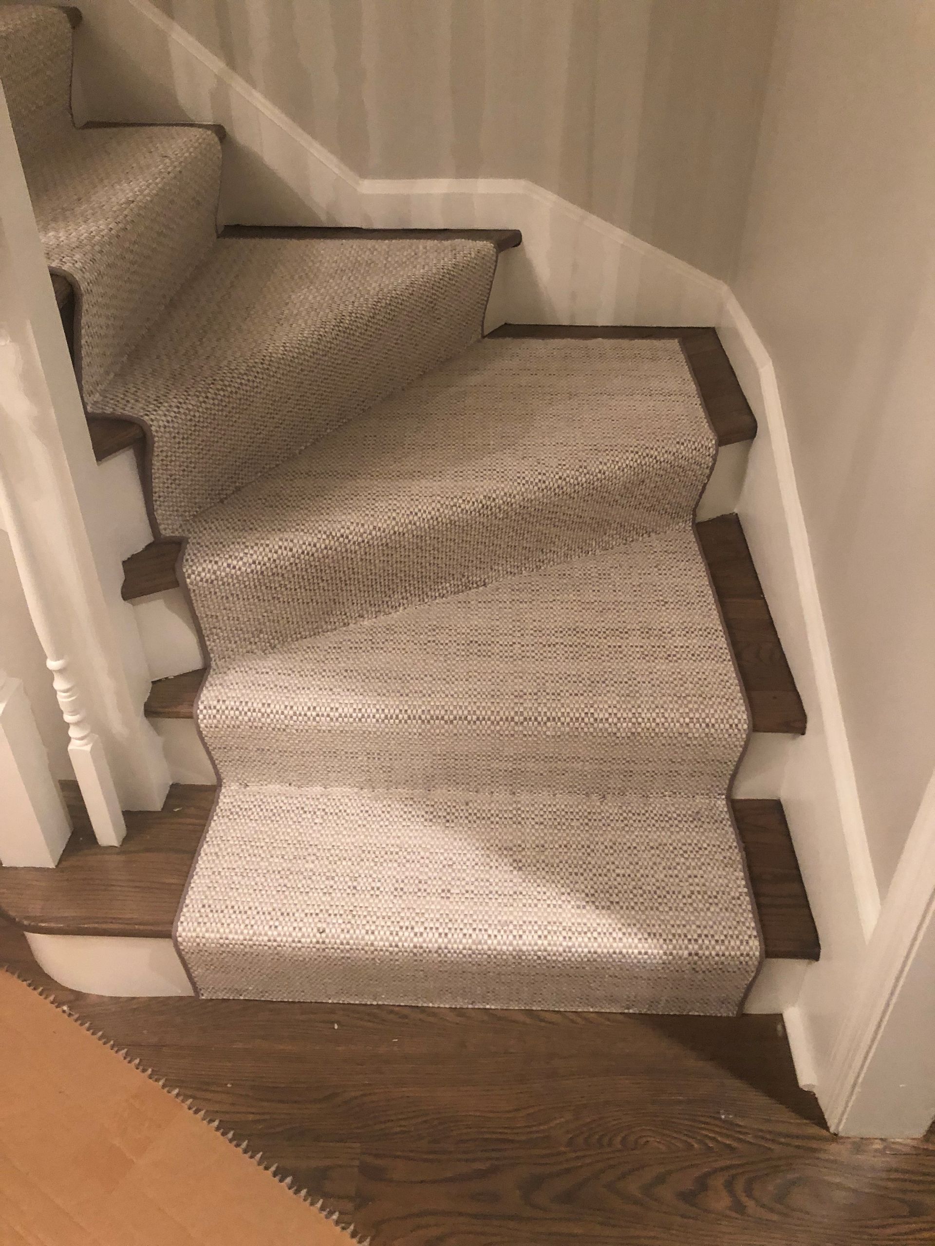 Carpeted staircase with dark wooden treads and white risers. The carpet is light beige, and the setting is indoors.