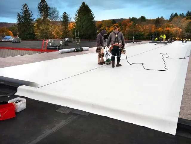 Two workers installing white roofing material on a flat roof.