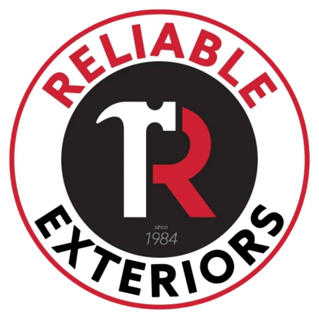 Circular logo for Reliable Exteriors featuring a white hammer and red letter R, established in 1984.