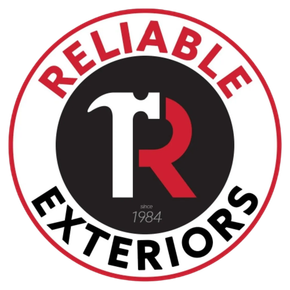 Circular logo for Reliable Exteriors featuring a white hammer and red letter R, established in 1984.