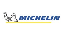Michelin logo with Bibendum mascot waving beside blue text and a yellow underline