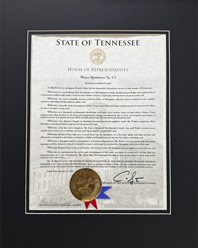 A framed certificate from the state of Tennessee