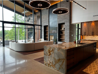 There is a large island in the middle of the room.