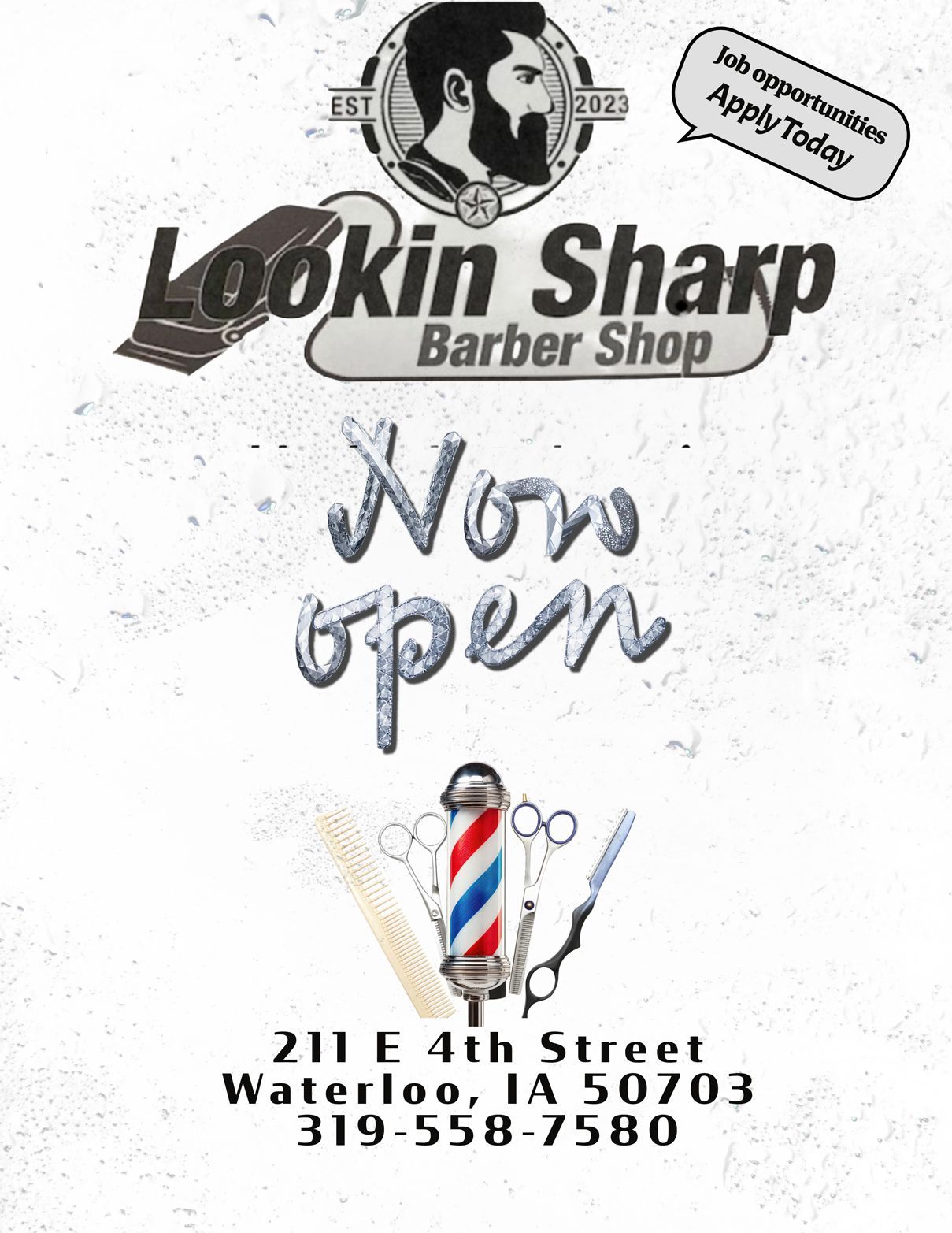 Advertisement for 'Lookin Sharp Barber Shop,' now open in Waterloo, IA. Includes shop logo, barber pole, and contact info.