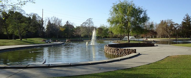 Park pond with fountain, curved walkway, and grassy trees on a sunny day