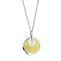 Silver necklace with a yellow-gold pendant, featuring a circular design and a small diamond.