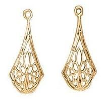 Two gold filigree teardrop-shaped earring charms with an openwork floral design.