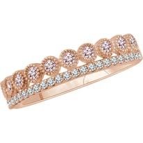 Rose gold ring with pink and clear gemstones.