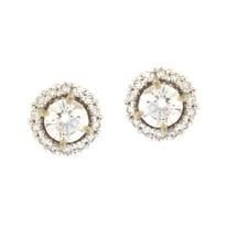 Two gold halo stud earrings with a central clear stone.