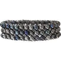Three-strand bracelet with dark gray, iridescent beads.