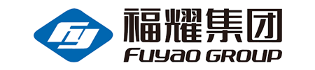 Logo of Fuyao Group, blue diamond shape with white 