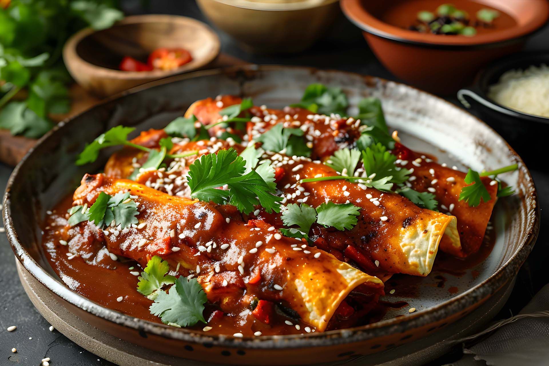 Red enchiladas topped with cilantro and sesame seeds on a rustic plate, with side bowls in the background