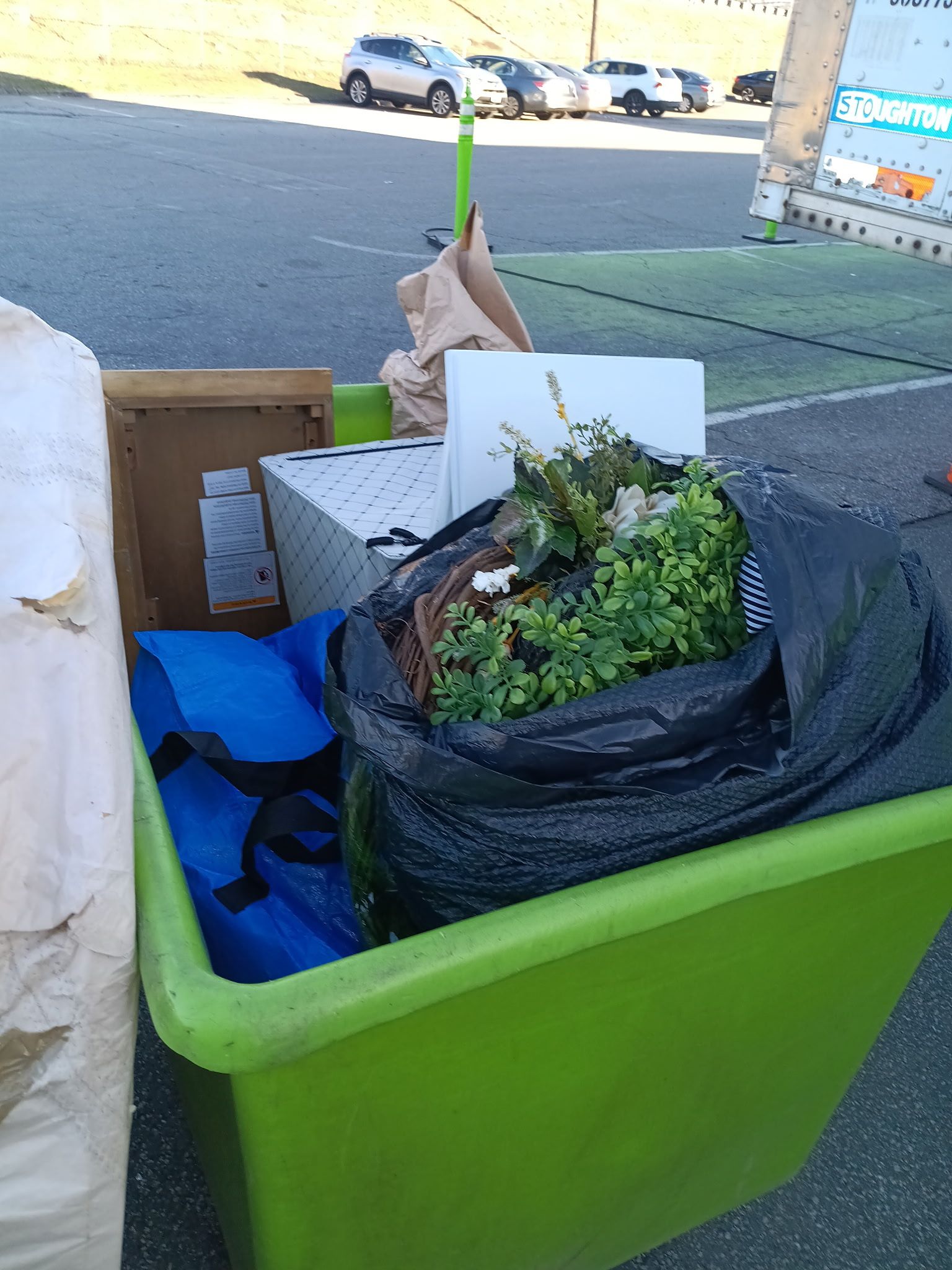 A green bin filled with plants and boxes is sitting on the side of the road.