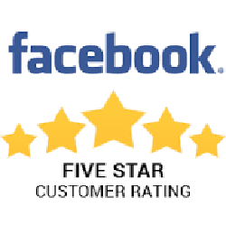 A facebook logo with five stars and the words `` five star customer rating ''.