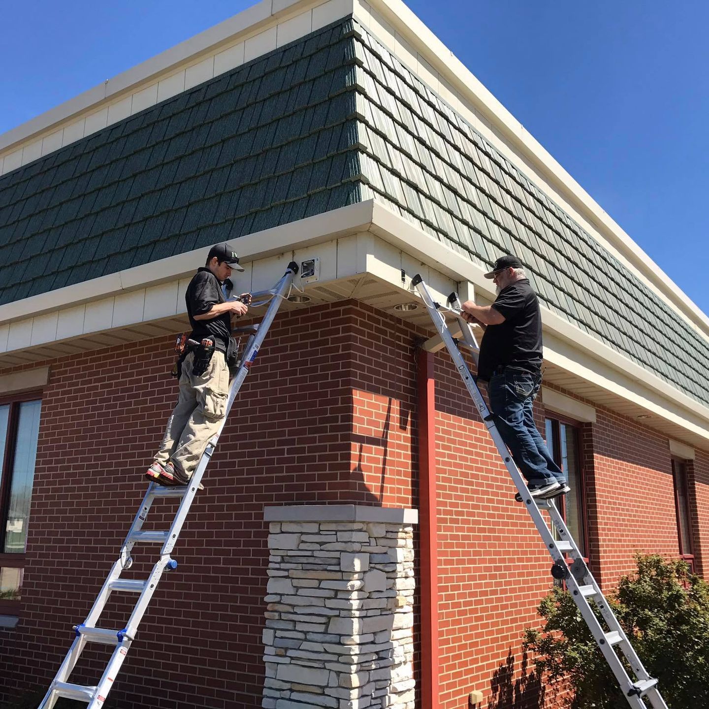 Two men are standing on ladders on the side of a brick building.